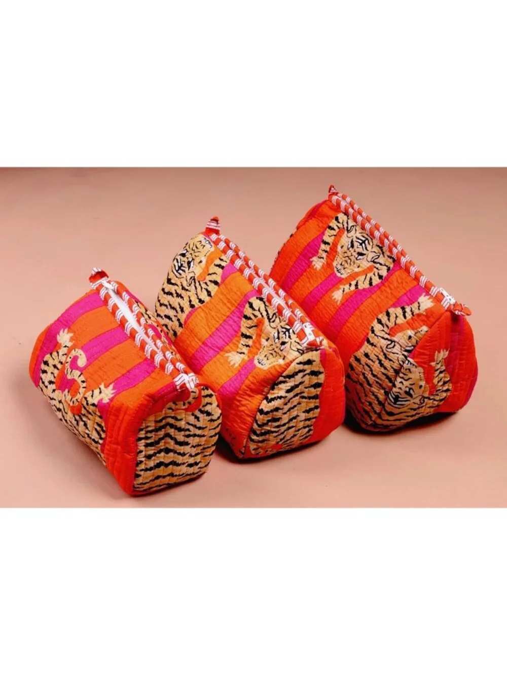 3pcs Quilted Cotton Tiger Print Travel Toiletry & Makeup Organizer Set